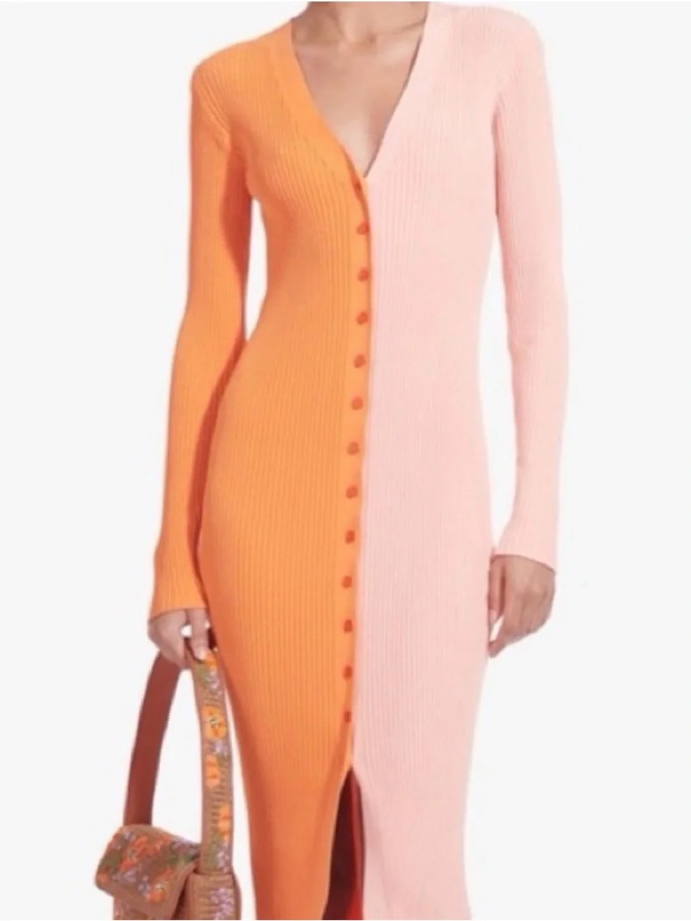 STAUD Two-Tone Ribbed Button-Front Midi Dress in Orange & Pink - Picture 1 of 5